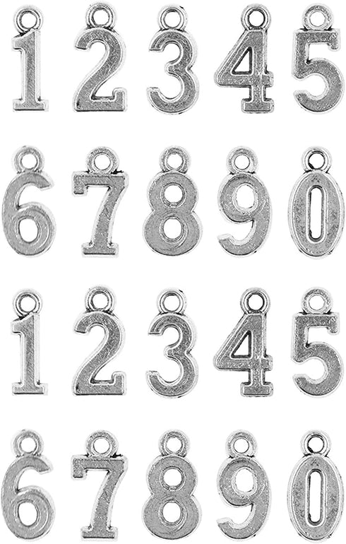 Silver Number Charms for Necklaces, Bracelets, Pendants, Jewelry Making, 0-9 Metal Craft Numbers, 9 Sets 90 PCs, by Mandala Crafts