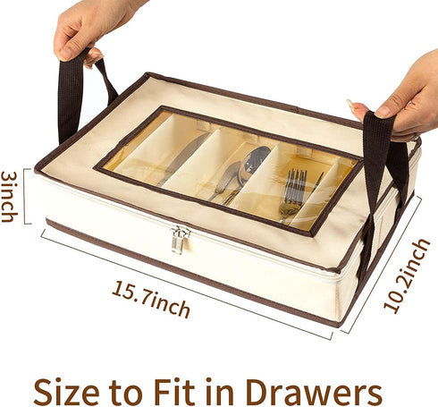 Flatware Utensil Storage Case, Silverware Storage Box, Sterling Silver Flatware Storage Chest, Cutlery Storage, Silverware Organizer with Zipper Lid and Carry Handles, Silverware Container Tray