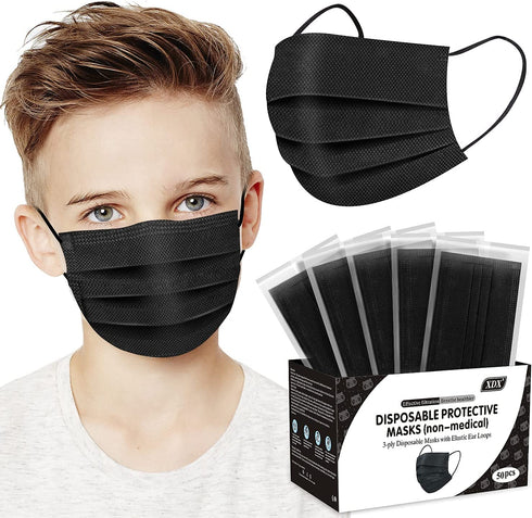 XDX Kids Mask Individually Wrapped, Kids Black Disposable Face Mask for Boys and Girls, 3 Ply - 5.7" x 3.7" Children's Size for Childcare, School, Daily Use (50 PCS)
