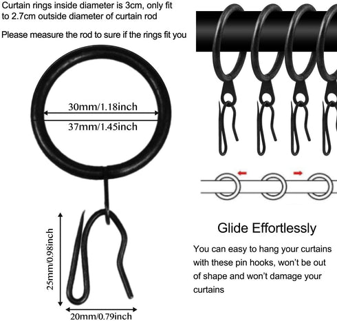 60 Pcs Metal Curtain Rings with Eyelet Curtain Rings and 60 Pcs Metal Curtain Rods Hooks Drapery Hook, 30 mm Internal Diameter Curtain Rod Rings Drapery Eyelet Sliding Curtain Rings (Black)