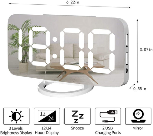 Miowachi Digital Alarm Clock,Large Mirrored LED Clock,Snooze,Dim Night Light 2 USB Charger Ports Desk Alarm Clocks for Bedroom Decor (White)