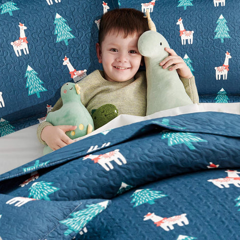 Kids Quilt Set Full/Queen Size, Blue 3 Piece Alpaca Pine Tree Bedcover Animal Cartoon Printed Bedding Set Reversible Bedspread Coverlet Holiday Bedroom Decor Gift for Boys All Season(90"X 90")