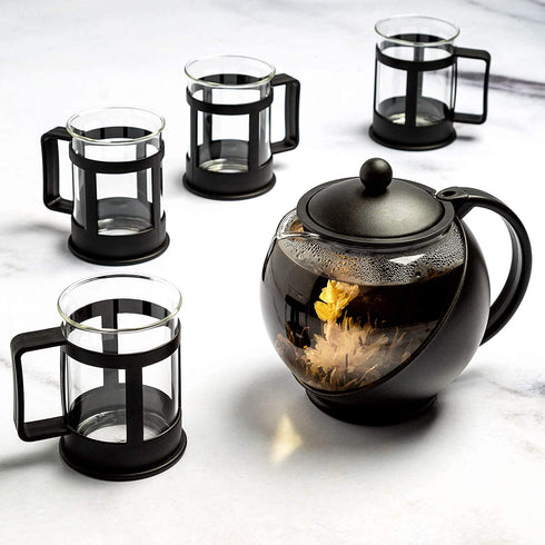 Primula Half Moon Teapot Set with 4 Tea Cups, Removable Infuser, Borosilicate Glass Tea Maker, Stainless Steel Filter, Dishwasher Safe, 40-Ounce, Tea Gift Set, Tea Set for Service of 4 Adults
