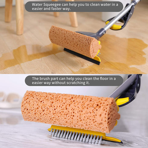 Yocada Sponge Mop Home Commercial Use Tile Floor Bathroom Garage Cleaning with Squeegee and Extendable Telescopic Long Handle 41-53 Inches Easily Dry Wringing