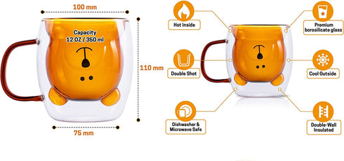 TOUCAN 12 OZ Large Double Wall Glass Coffee Mugs Bear-shaped Set of 2 Insulated Cappuccino Cups with Handles for Americano, Espresso, Ice Tea and Latte