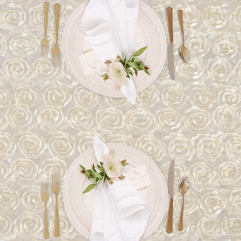 Rosette Tablecloth 50x102 Inches Satin Raised Rosettes Ivory Rectangle 3D Floral Tablecloth for Baby Shower Wedding Party Event Decoration