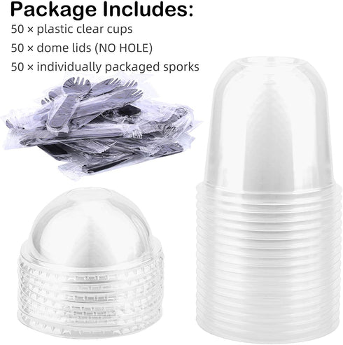50 Pack 12oz Clear Plastic Cups with Dome Lids (No Hole), Crystal PET Disposable Dessert Cups for Parfait Ice Cream Fruit Iced Cold Drinks
