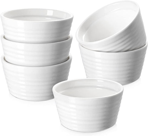 DOWAN Ramekins 8 oz Oven Safe, Porcelain Ramekins Souffle Dish, Creme Brulee Ramekins, White Ramekins for Baking, Stackable Ramekin for Pudding, Spinach Souflees, Set of 6