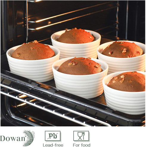 DOWAN Ramekins 8 oz Oven Safe, Porcelain Ramekins Souffle Dish, Creme Brulee Ramekins, White Ramekins for Baking, Stackable Ramekin for Pudding, Spinach Souflees, Set of 6