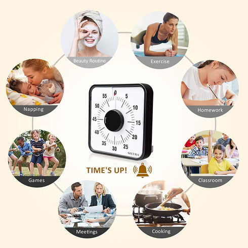 Secura 60-Minute Visual Countdown Timer, 7.5-Inch Oversize Classroom Visual Timer for Kids and Adults, Durable Mechanical Kitchen Timer Clock with Magnetic Backing (Red)