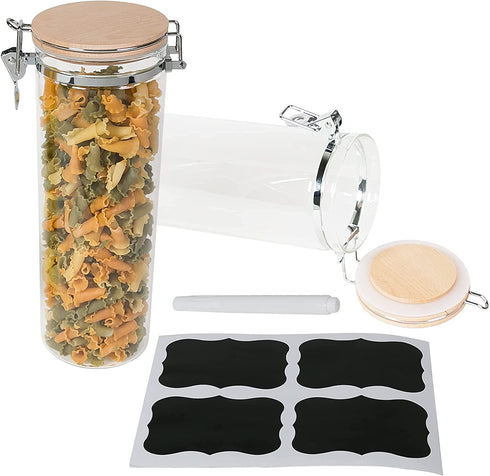 Moving Mountains Products Decorative Glass Container with Lid - Multipurpose Borosilicate Glass Pasta Container, 68 Ounce Capacity - Modern Unfinished Beech Wood Lid - with Chalkboard Labels and Pen