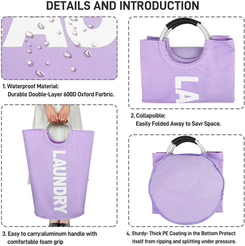 Laundry Basket, Roiroiko Waterproof 82L Large Collapsible Fabric Laundry Hamper, Foldable Clothes Storage Washing Bag Washing Bin with Alloy Handles for College Bathroom Travel (purple, Large)