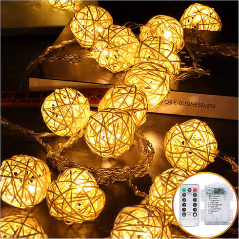 HYAL LUZ Battery Operated 20 LED String Lights, 16.4ft 20 Globe Rattan Balls Christmas Light with Remote Control & Timer, Indoor Fairy String Lights Decorative for Bedroom Party Wedding (Warm White)