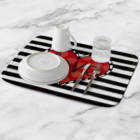 Artoid Mode Watercolor Stripe Heart Love Valentine's Day Dish Drying Mat for Kitchen Counter, 18 x 24 Inch Seasonal Ultra Absorbent Home Dish Drainer Mats Plate Holder