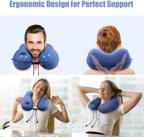 Extra-Compact Travel Neck Pillow, 100% Soft Velvet Inflatable Neck Support Airplane Pillows with 3D Eye Mask and Earplugs for Adults Kids, Best Travel Essentials for Sleeping / Reading / Camping(Blue)