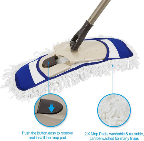 Eyliden Dust Mop with 2 Reusable Washable Pads - One Touch Replacement, Height Adjustable Handle, Wet & Dry Mops for Floor Cleaning, Hardwood, Laminate, Tile Flooring Push Dust Broom (Blue)