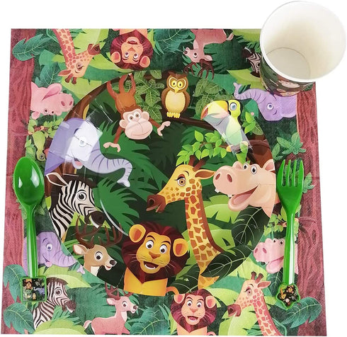 CIEOVO Zoo Jungle Animal Party Supplies - Serves 18 Guest Includes Party Plates, Spoons, Forks, Cups, Napkins Party Pack Perfect for Safari Animal Themed Birthday Shower Parties Decorations