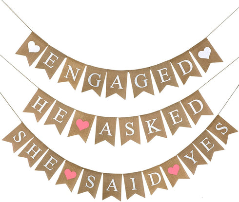 3 Pieces Engaged Burlap Banner He Asked She Said Yes Banner Rustic Bridal Shower Bunting Garland for Wedding Engagement Party Decorations