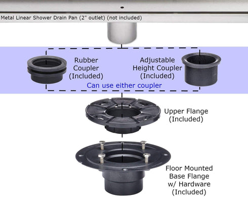 Shower Drain Base with Adjustable Ring + Rubber Coupler for Linear Shower Drain Installation