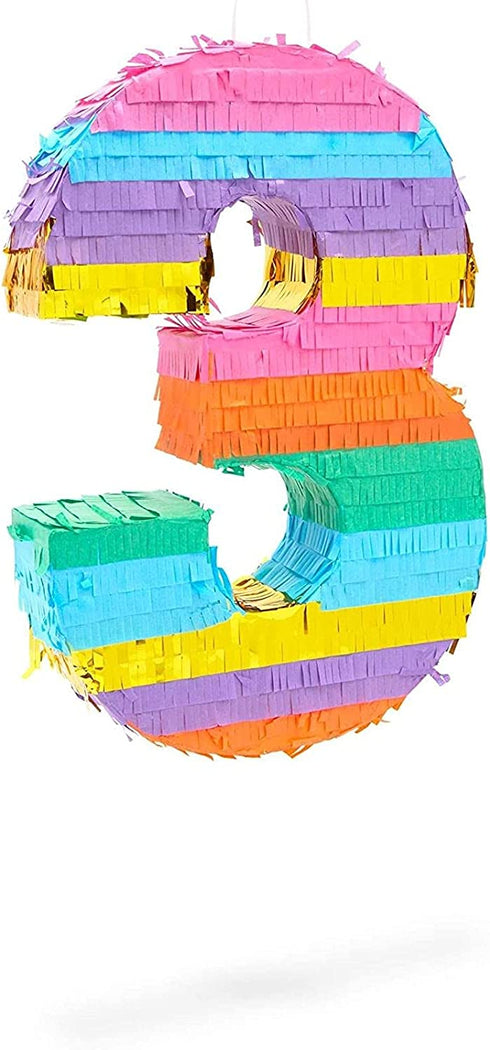 Small Rainbow Pinata Number 3 for Kids 3rd Birthday Party (11.4 x 16.5 x 3 In)