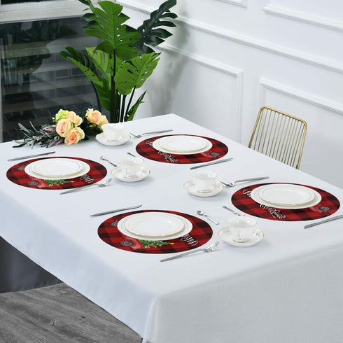 Christmas Plaid Round Placemats Set of 6 Table Placemats Red Black Buffalo Check Truck Place Mats Tablemats 15 inch for Kitchen Dining Table Dinner Kids Holiday Party