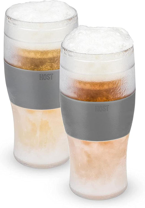 Host Freeze Beer Glasses, 16 ounce Freezer Gel Chiller Double Wall Plastic Frozen Pint Glass, Set of 2, Grey