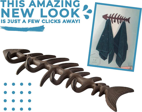 Decorative Fish Bones Wall Mounted Towel Rack by Comfify - Stylish Cast Iron Hanger with 4 œFish Bones? Hooks for Towels, Robes and More - Includes Screws and Anchors - in Brown