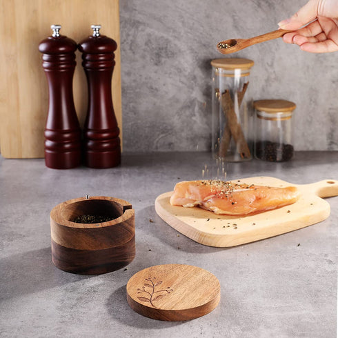 DGYLL Acacia Wood Salt Container with spoon Salt cellar Salt keeper Spice storage box Condiment pot Sugar bowl with spoon and swiveling lid Size: 3.5DIA x 2.5H inch (1pc no pattern /w spoon)
