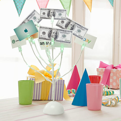 Money Tree Gift Card Holder with 10 Clips and 25 LED Light Up Lights Present Card Picture Display Tree Table Stand Creative Gift for Christmas/Birthday/Graduation Party