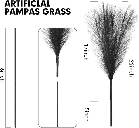 Pampas-Grass with Extension Stem, Artificial-Pampass-Grass 17" to 21.5" Faux-Pampas-Grass-Decor Tall 6Pcs, Pampas Grass for Flower-Arrangement, Black Pompous Grass