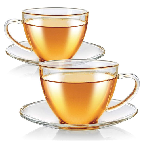 Teabloom Royal Teacup and Saucer Set 2-Pack Standard Teacup Size 6 OZ/ 180 ML Capacity Crystal Clear Classic Design Premium, Healthful Borosilicate Glass Durable and Heat Resistant