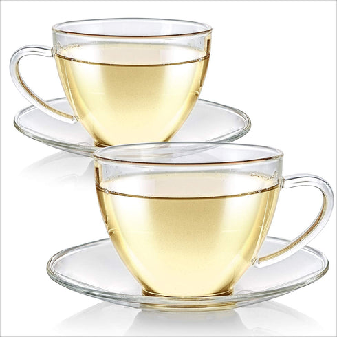 Teabloom Royal Teacup and Saucer Set 2-Pack Standard Teacup Size 6 OZ/ 180 ML Capacity Crystal Clear Classic Design Premium, Healthful Borosilicate Glass Durable and Heat Resistant