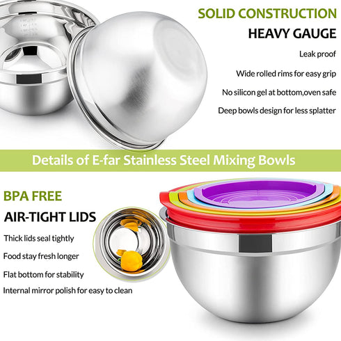 Mixing Bowls with Lids Set of 5, E-far Stainless Steel Mixing Bowls Metal Nesting Bowls with Airtight Lids, Non-toxic & Dishwasher Safe, Great for Cooking, Baking, Serving - Size 0.7/1/1.5/3/4.5QT