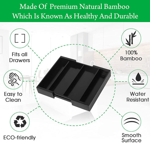 Bamboo Kitchen Drawer Organizer,Expandable Silverware Organizer,Utensil Holder and Cutlery Tray with 4 Adjustable Compartments,Black