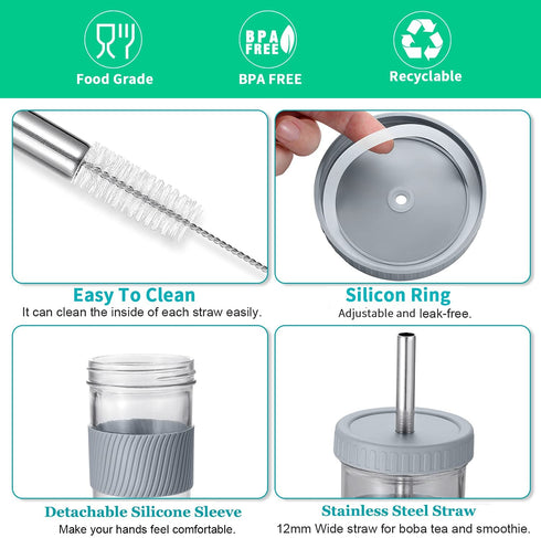 2 Pack 22 oz Reusable Smoothie Cups Boba Tea Cups, Wide Mouth Mason Jar Lids with Straw Hole, Including 4pcs Stainless Steel Straws and 2pcs Cleaning Brushes