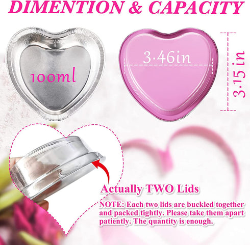 Aluminum Foil Cake Pan Heart Shaped Cupcake Cup with Lids 100 ml/ 3.4 Ounces Disposable Mini Cupcake Cup Flan Baking Cups for Valentine Mother's Day Wedding Xmas Birthday (Pink,20 Sets)