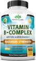 Vitamin B Complex with Vitamin C and Folic Acid - B12, B1, B2, B3, Vitamin B5 Pantothenic Acid, B6, B7, B9 - Nervous System Support & Supports Energy Metabolism Non-GMO- 100 Veggie Capsules