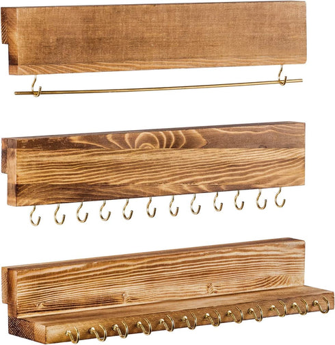 Jewelry Organizer Wall Mounted Set of 3, Wood Hanging Jewelry Organizer Holder with Removable Bracelet Rod and 24 Hooks, Display for Hanging Rings, Earrings, Necklace Holder (Rustic brown)€¦