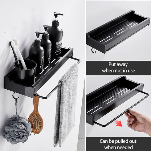 Shower Organizer, Shower Shelf with Hooks and Soap Holder, Shower Rod Bracket with Retractable Towel Rack, No Drilling Adhesive Wall Shelves for Bathroom and Kitchen (Black)