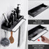 Shower Organizer, Shower Shelf with Hooks and Soap Holder, Shower Rod Bracket with Retractable Towel Rack, No Drilling Adhesive Wall Shelves for Bathroom and Kitchen (Black)