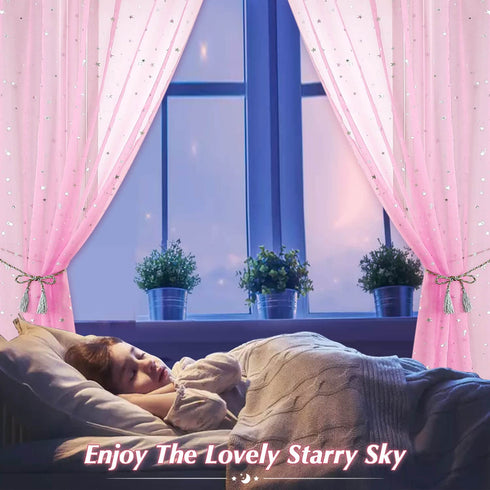 Wubodti Star Pink Curtains for Nursery- 2 Panels of Semi Sheer Privacy Curtain Drapes with Silver Starry Stars, Rod Pocket Pastel Light Filter Window Treatments for Girls Baby Kids Room,63 Inches