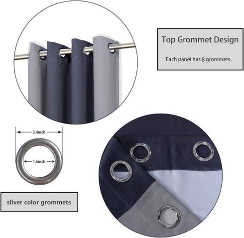 FLOWEROOM Color Block Blackout Curtains for Bedroom, 52 x 72 Inch Long, Grey and Silvery Grey Thermal Insulated and Sun Light Blocking Gradient Curtain, Grommet Window Curtains, Set of 2 Panels