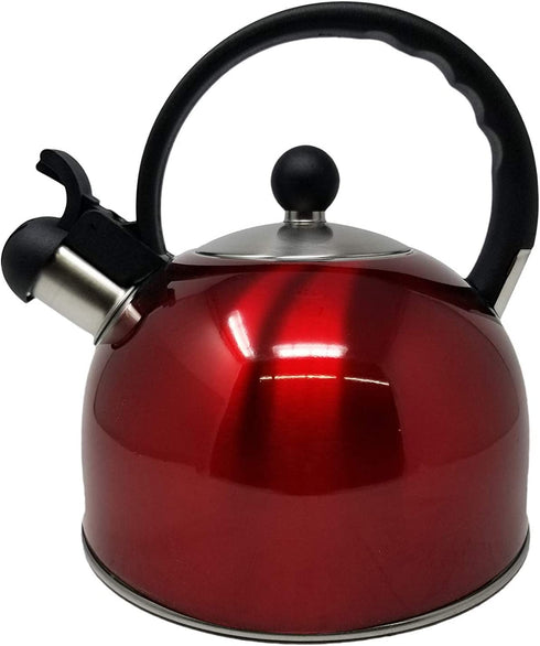 2.5 Liter Whistling Tea Kettle - Modern Stainless Steel Whistling Tea Pot for Stovetop with Cool Grip Ergonomic Handle (Red)