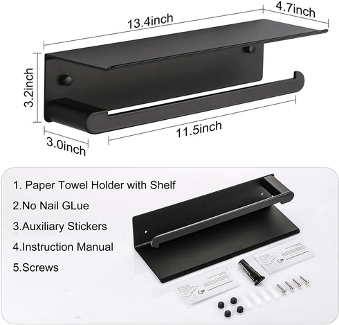 DUFU Paper Towel Holder Wall Mount for Kitchen, Self-Adhesive Paper Towel Holder with Shelf for Bathroom, Anti-Rust Aluminum, No Drill or Wall-Mounted with Screws (Matt Black)