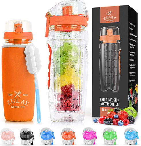 Zulay (34oz Capacity) Fruit Infuser Water Bottle With Sleeve - BPA Free Anti-Slip Grip & Flip Top Lid Infused Water Bottles for Women & Men - Water Infusion Bottle With Cleaning Brush