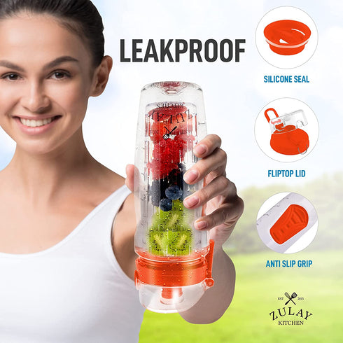 Zulay (34oz Capacity) Fruit Infuser Water Bottle With Sleeve - BPA Free Anti-Slip Grip & Flip Top Lid Infused Water Bottles for Women & Men - Water Infusion Bottle With Cleaning Brush