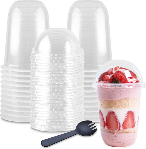 INDRAH 50 Sets 16 oz Clear Plastic Cups With Dome Lids (No Hole) and Sporks, Disposable Parfait Cups Dessert Cups for Fruit Yogurt Smoothie Iced Cold Drinks, No Leaking