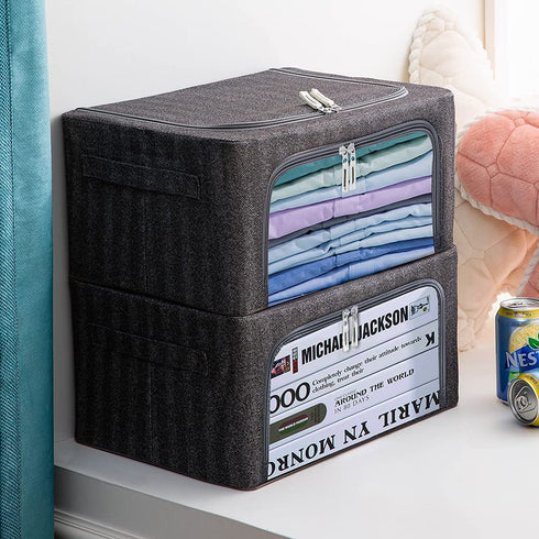 Foldable Clothes Storage Bins 2 Pack,Stackable Metal Frame Closet Storage Box, Oxford Fabric Container Organizer with Clear Windows&Sturdy Carry Handles for Bedding,Clothing(22L,Grey)