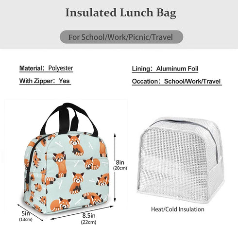 Red Panda Bears Lunch Bag Insulated Lunch Box with Front Pocket Reusable Tote Bag For Office Work Picnic Travel Shopping