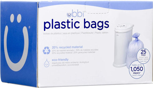 Ubbi Disposable Diaper Pail Plastic Bags, Made with Recyclable Material, Single Pack, 25 Count, 13-Gallon